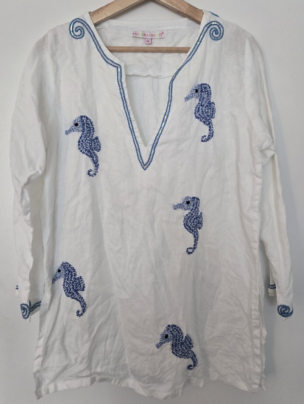 Barbara Gerwit 100% Linen White Seahorse Embroidered Beaded Tunic Size Medium